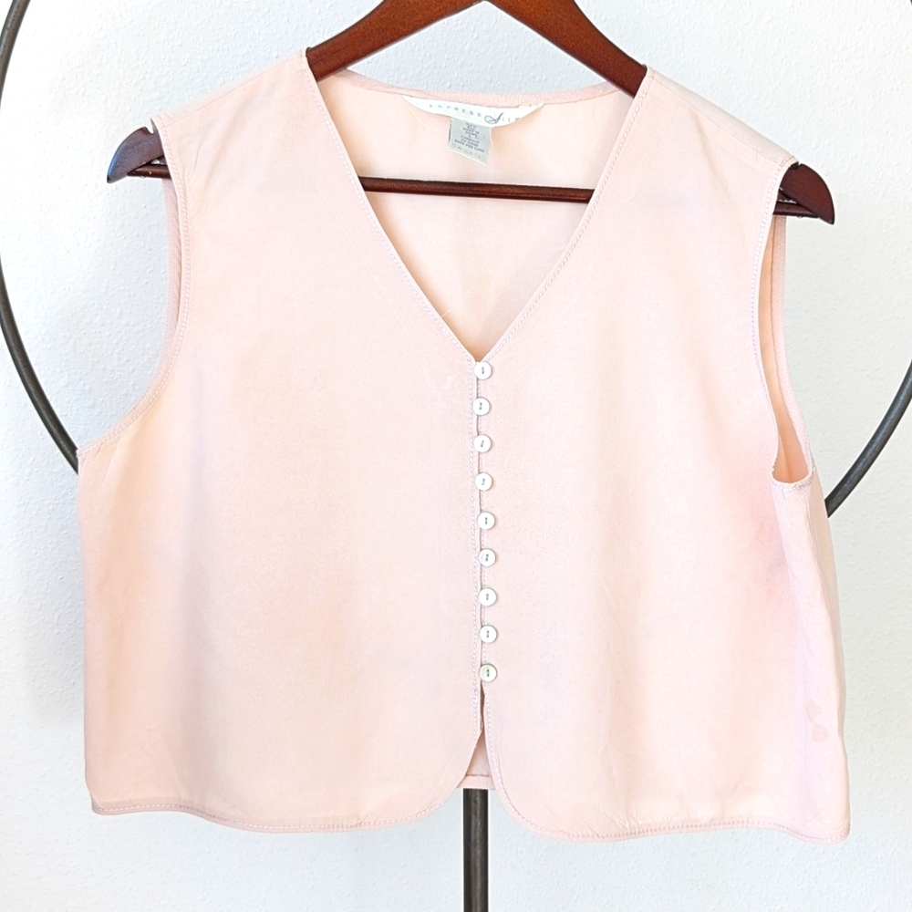 Women's vintage Express 100% silk Pearl button front vest cami tank top Sz L